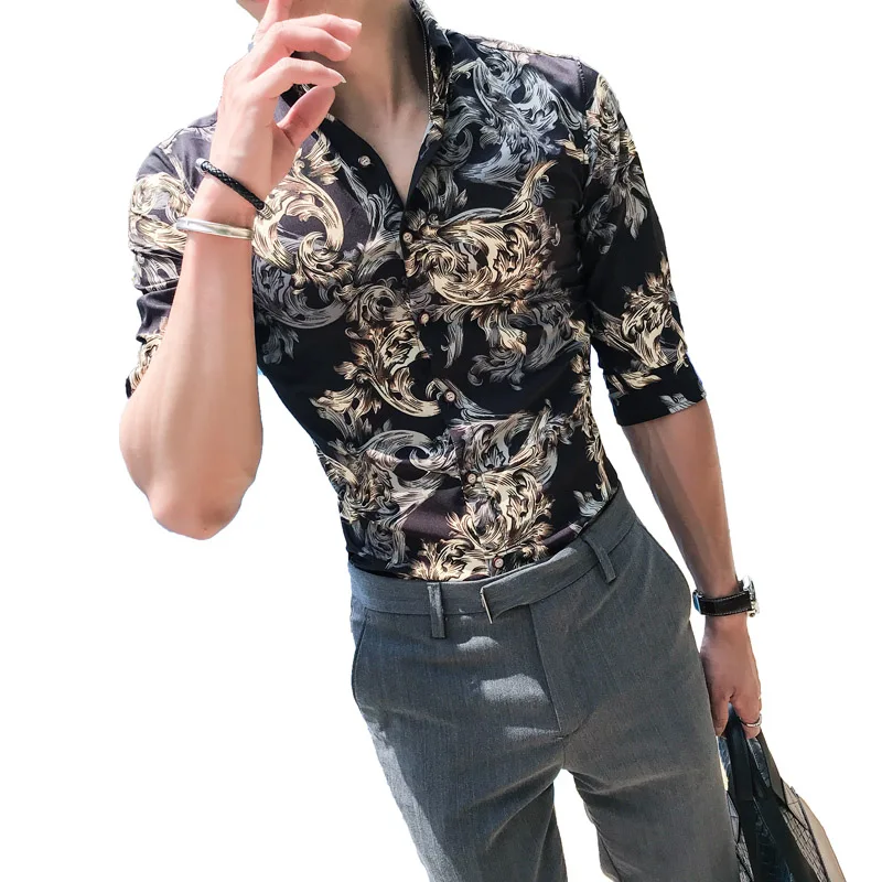 Fashion Designer Men Shirt Summer Slim Fit Digital Print Slim Fit
