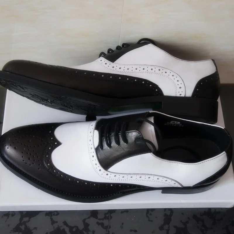 Clearance Sale !! US 8 Men Retro Genuine Leather Black and White Fretwork Pointed Toe Oxfords Wing Tip Brogue Shoes Eur Size 41