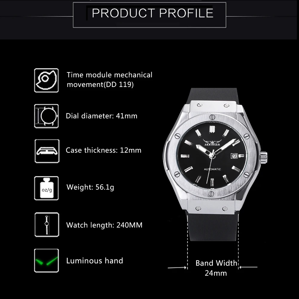JARAGAR الرياضة عارضة الرجال السيارات الميكانيكية ووتش ساعة بحزام مطّاطي الأسود الهاتفي تاريخ التقويم الأزياء الحد الأدنى تصميم المعصم الساعا...