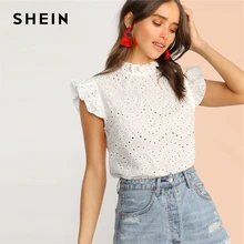 SHEIN модный топ с рюшами, вышивкой и ушками, Boho, белый, розовый, однотонный, без рукавов, со стоячим воротником, блузка, Женские топы и блузки