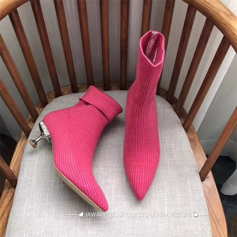 Яркие цвета Bling bling sequin каблук «рюмочка» трикотажные ботильоны для женщин Стразы носок обувь Полусапоги блестящие туфли-лодочки со стразами