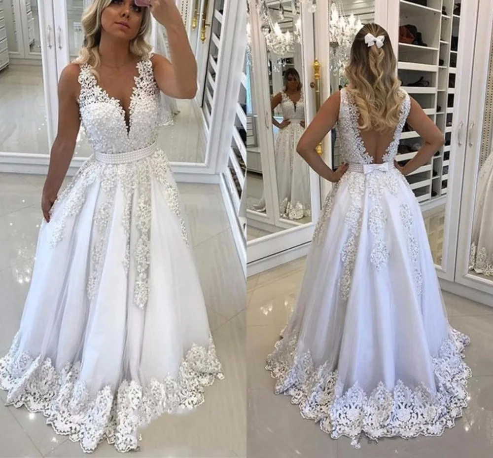 

Latest Luxury V-neck A-line Wedding Dresses Floor-length Appliques Beaded Backless Sleeveless Wedding Gowns Bride Dresses