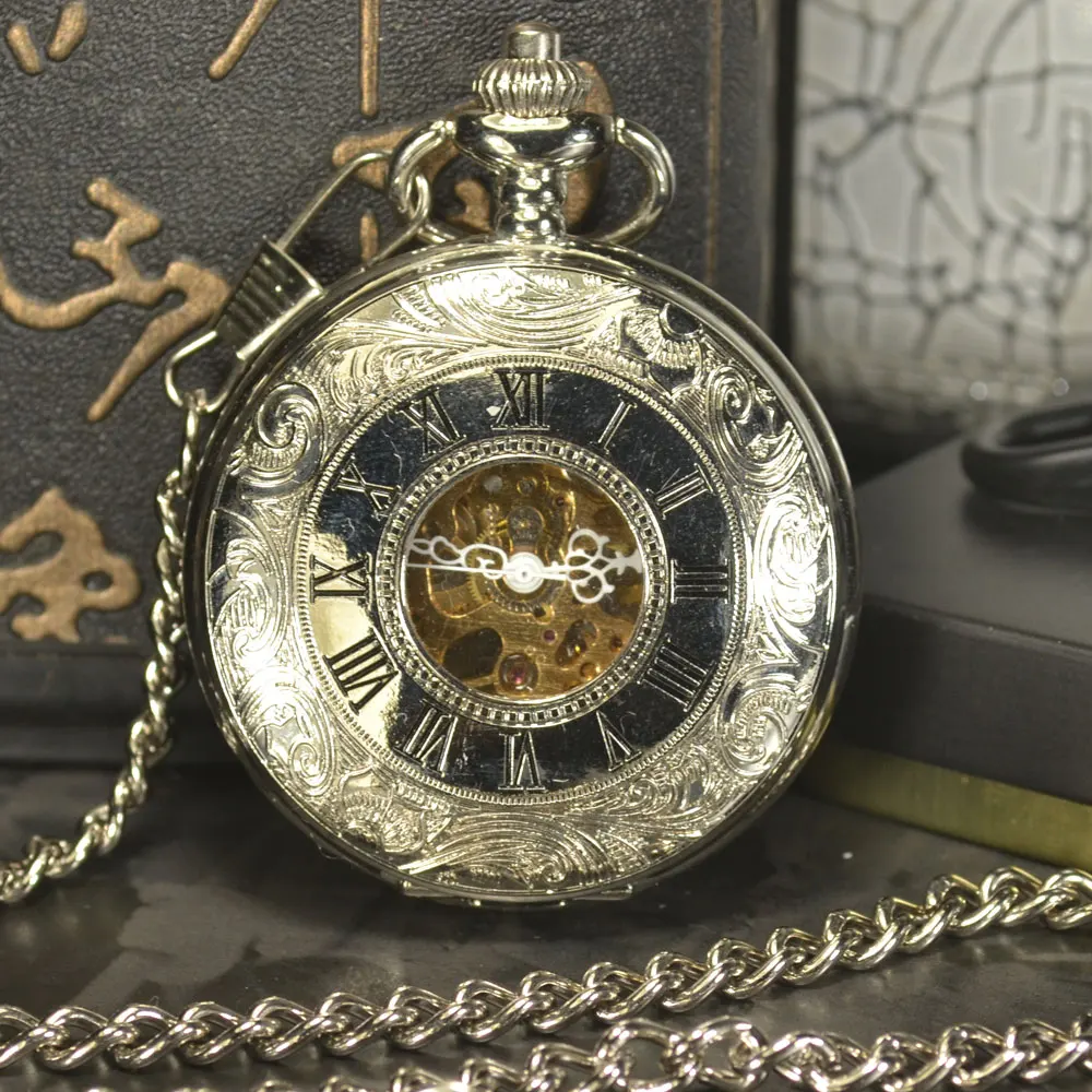 

TIEDAN Skeleton Automatic Mechanical Pocket Watch Steampunk Men Antique Luxury Brand Necklace Chain Silver Pocket Fob Watch