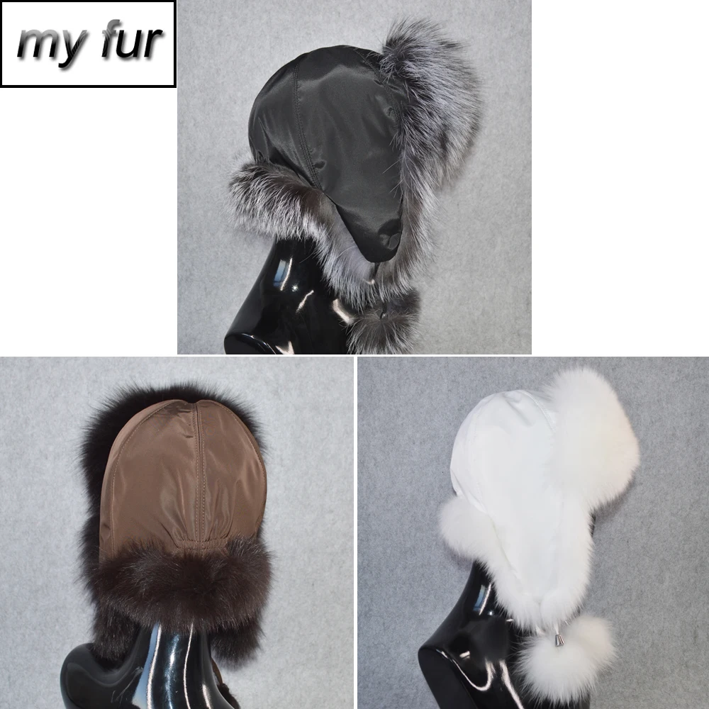 

Hot Sale Russia Women Real Fox Fur Bomber Hat Natural Raccoon Fox Fur Ushanka Hats Thick Warm Earmuff Caps Real Fox Fur Cap