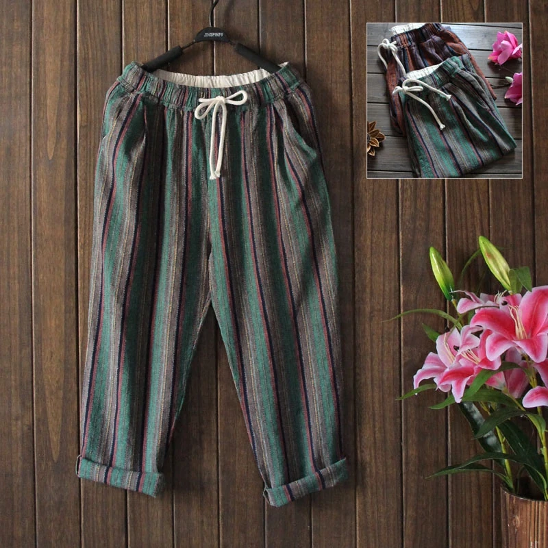 Художественные повседневные брюки в Вертикальную Полоску в стиле ретро, хлопковые льняные брюки, свободные брюки