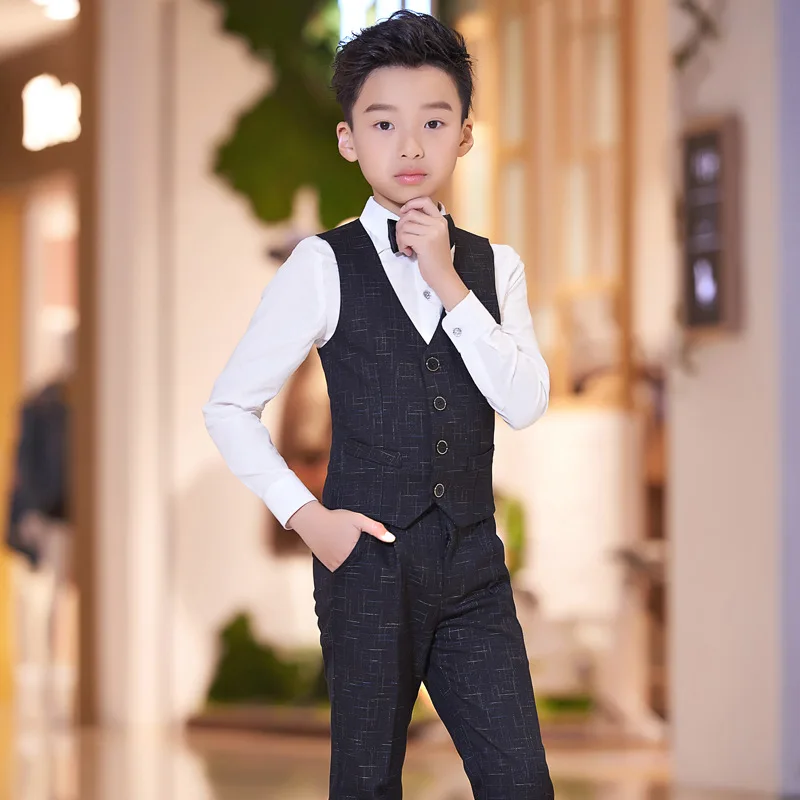 

T016 New Fashion boy Vest suit children show host children's Piano Lattice Shirts+Pants+Vest+Bowtie 4pcs Boy Suit