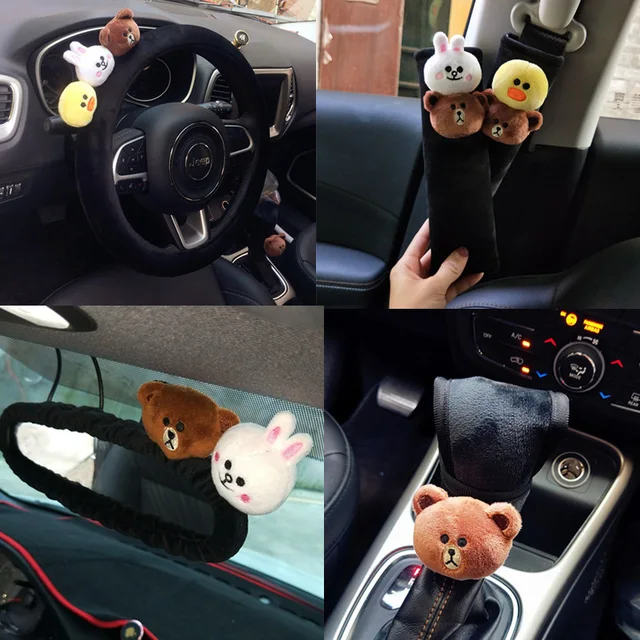 Cute Cartoon Bear Car Interior Accessories Plush Universal Steering Cute Cartoon Bear Car Interior Accessories Plush Universal Steering Wheel Cover Seat Belt Rearview Mirror