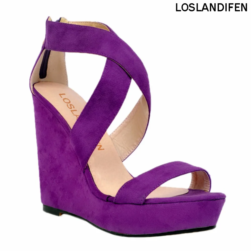 

Womens Fashion Handmade 13cm Open-toe Cross Style High Wadge Heel Party Sandals Large Size Summer Shoes XD060