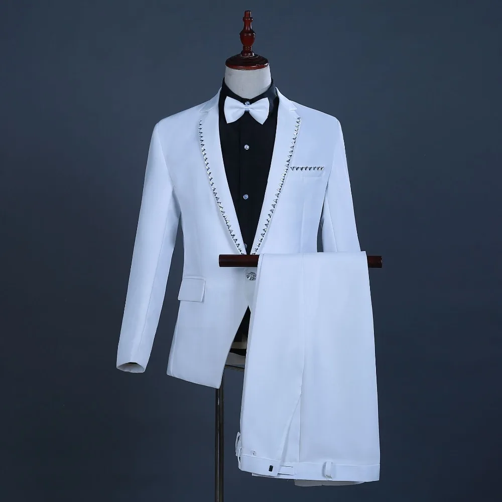 Роскошный костюм белого цвета с бриллиантами из 2 предметов, мужские вечерние костюмы-смокинги с брюками, сценический для певца, мужской костюм на выпускной, костюм Homme XXL