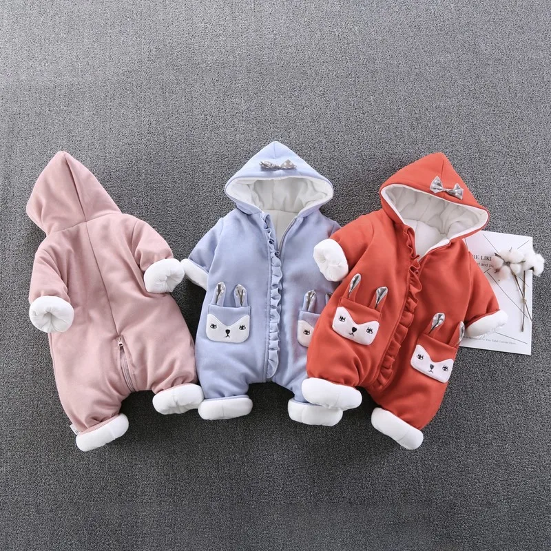 

2018 Winter New Plus Velvet Thickening Quilted Children's Climbing Clothes Infants Onesies Cute Warm Hooded Baby Onesies