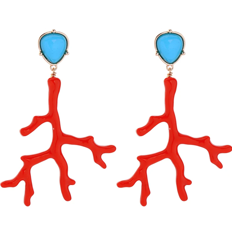 

Red Enamel Coral Drop Earrings Deer Horns Blue Resin Earrings Personality Party Lady New Arrival Fashion Jewelry