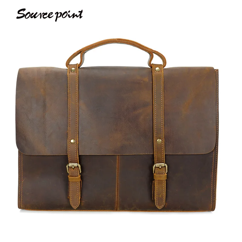 

SOURCE POINT Crazy Horse Leather Men's Manual Vintage Shoulder Messenger Bags Cross Genuine Leather Briefcase Portfolio YD-8131