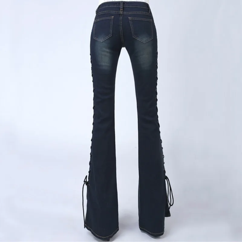 Длинные расклешенные джинсы с низкой талией, джинсовые штаны, бандажные джинсы на шнуровке, женские джинсы с широкими штанинами, Стрейчевые винтажные расклешенные джинсы для девушек