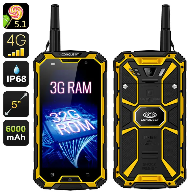 Rugged Waterproof Phone 3GB RAM 32GB ROM 6000mAH CONQUEST S8 Quad Core 5 HD Android Ip68