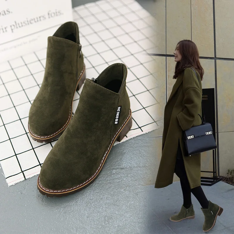 

2017 New Women Spring Autumn England retro Style Square heel Warm Breathable Round Toe Ankle Zipper Boots