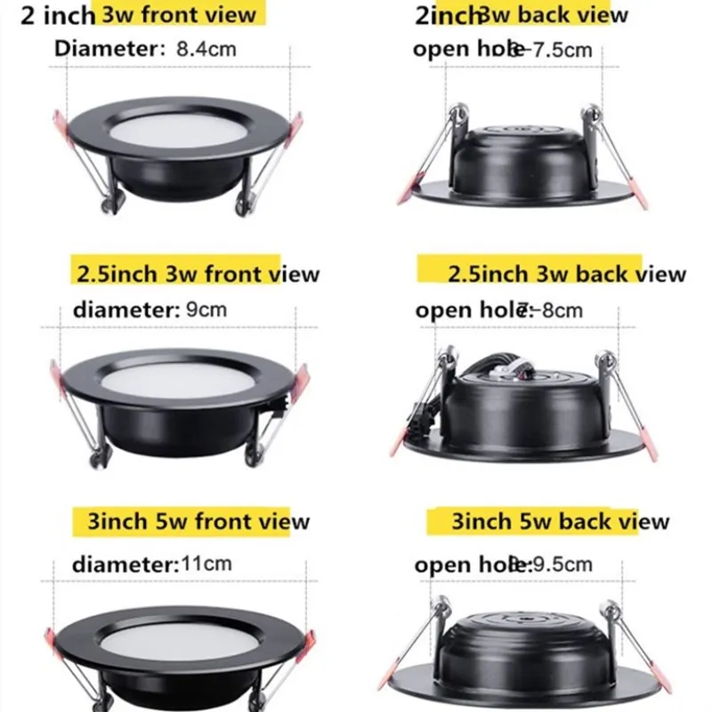 Светодио дный черный корпус светильники 3w5w7w три цвета света embedded гостиная потолка llights потолочные открытие 6/8/9/12 см