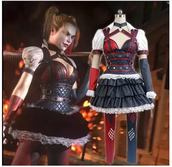 

Free Shipping 2016 Batman Arkham Asylum Harley Quinn Cosplay Costumes Halloween Carnival Outfit Party Dress Dark Knight Suit