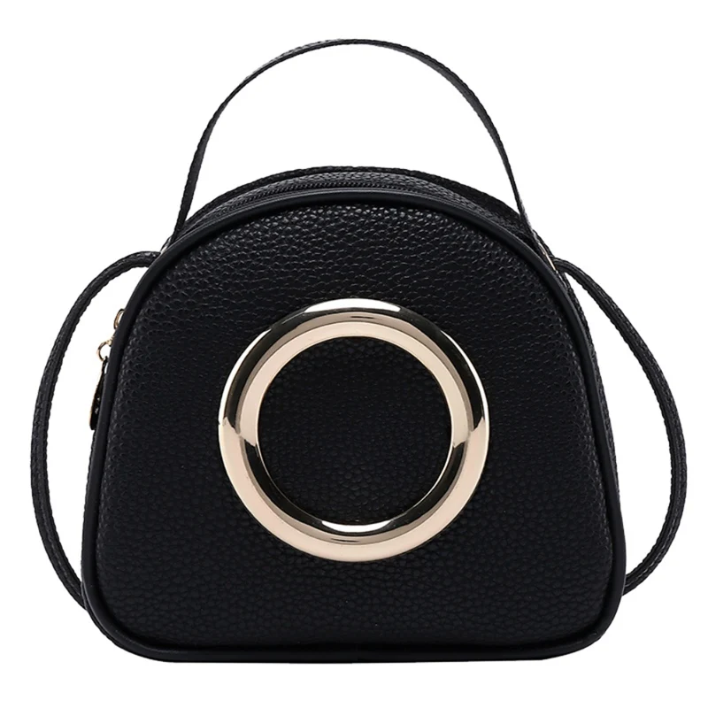 

Fashion Korean Style Metal Ring Messenger Bag The Lychee Pattern Small Hand Bag Purse Shoulder Small Round Bag