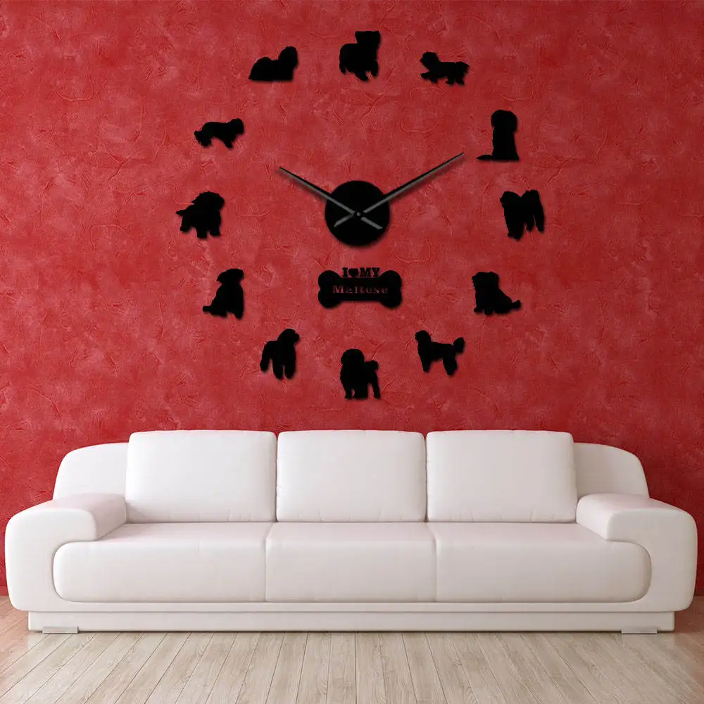 

Maltese Dog Breed Frameless 3D DIY Wall Clock Artificial Cute Puppy Maltese Yorkshire Terrier Mute Wall Watch Gift For Pet Lover