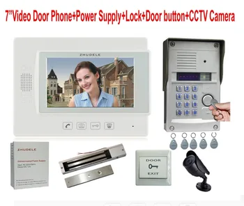 

ZHUDELE 7" LCD Monitor Speakerphone Intercom Color Video Door Phone+Power Supply+Electric Lock+Opening button+CCTV Camera