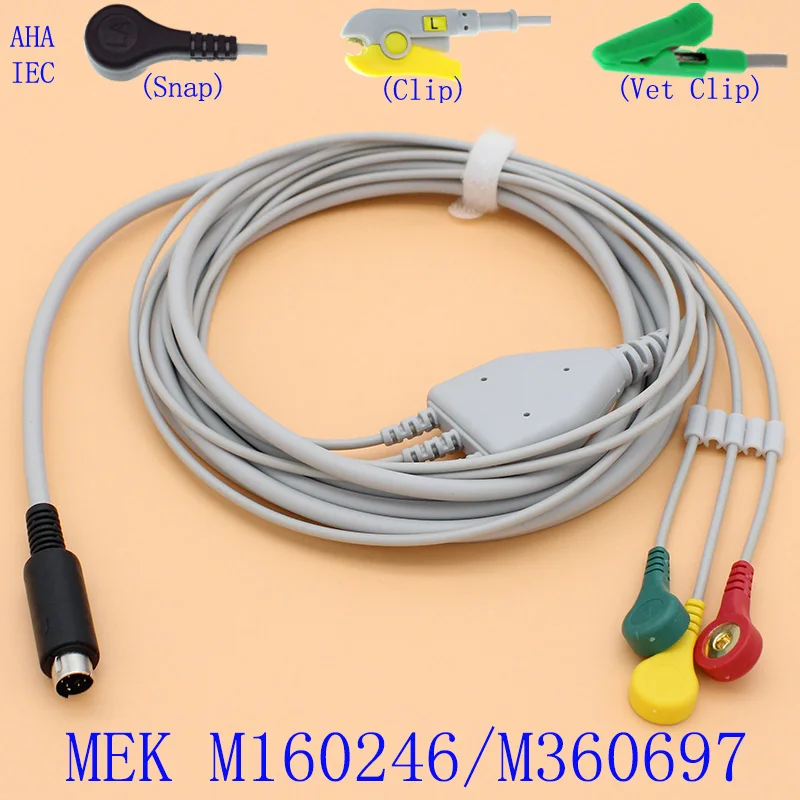 7P ECG EKG 3 leads cable and electrode leadwire for MEK M160246/M360697 with AHA/IEC/Snap/Clip/Vet clip