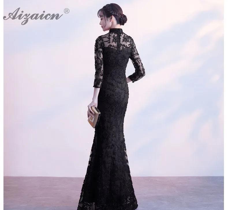 Черные модные кружево Длинные Cheongsam Русалка Qi ПАО для женщин Китайский вечернее платье восточные платья Chinoise Ципао для вечеринки