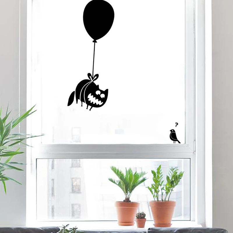 Art design Cute CAT Balloon-Bird Wall Sticker home decor vinyl Cartoon Funny Wall Decals removable animal decals for kids room