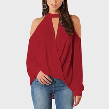 Летний Лидер продаж модные женские туфли с длинным рукавом футболки Sexy Холтер шеи с плеча неровный подол и пуговицы футболка Топы