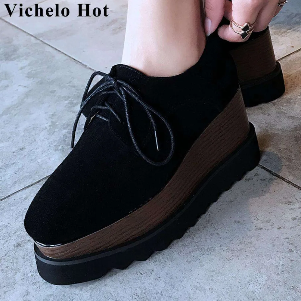 

Vichelo Hot hot selling genuine leather wedges high bottom large size punk square toe lace up European designer women pumps L23