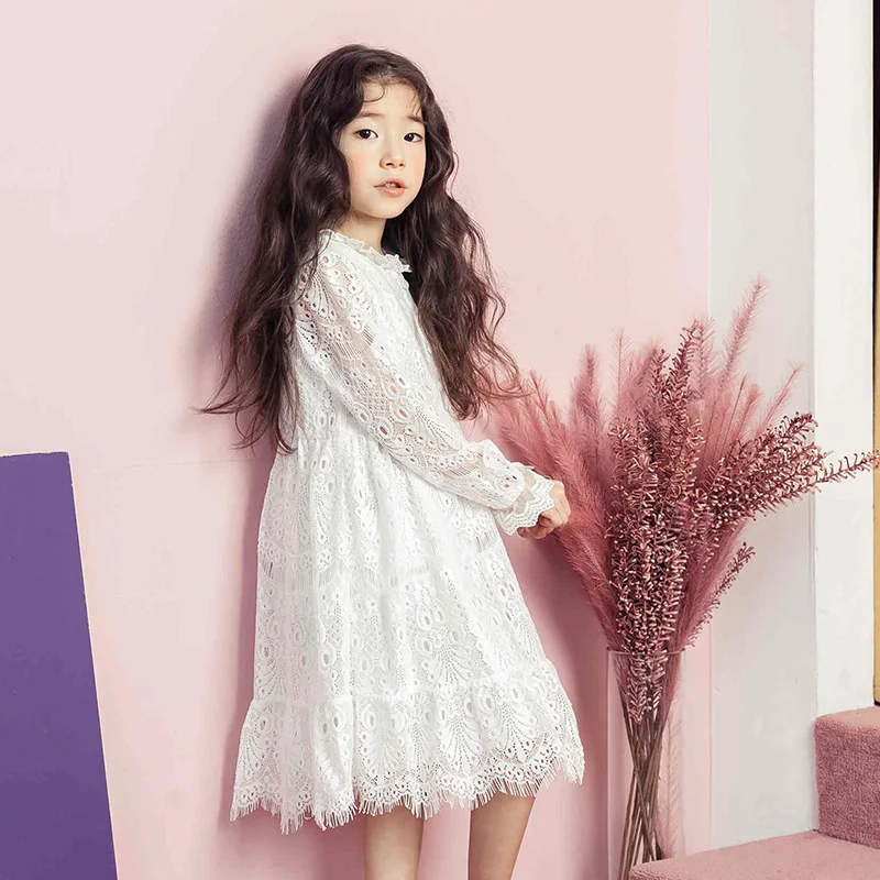 

lace floral big girls dresses for party and wedding baby white long sleeve design girl clothes princess dress long spring summer