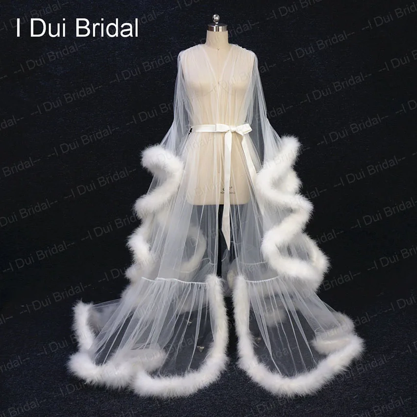 Ivory Feather Bridal Robe Tulle Illusion Long Wedding Scarf Made Feather Birthday Robe Intimate Apparel