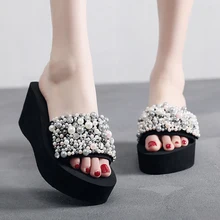SHUJIN Pearls Slides Women Sandals Heel Slippers Torridity Sandal Shoes Handmade Bohemia Crystal Female Outdoor Shoes Slippers