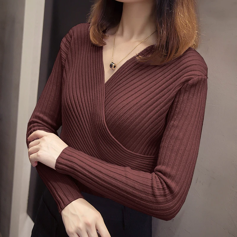Sexy Sweater Women Low Chest Cross Deep V neck Tops Autumn Winter Fashion Slim Tight Elasticity Knit Pullover New Female Befree