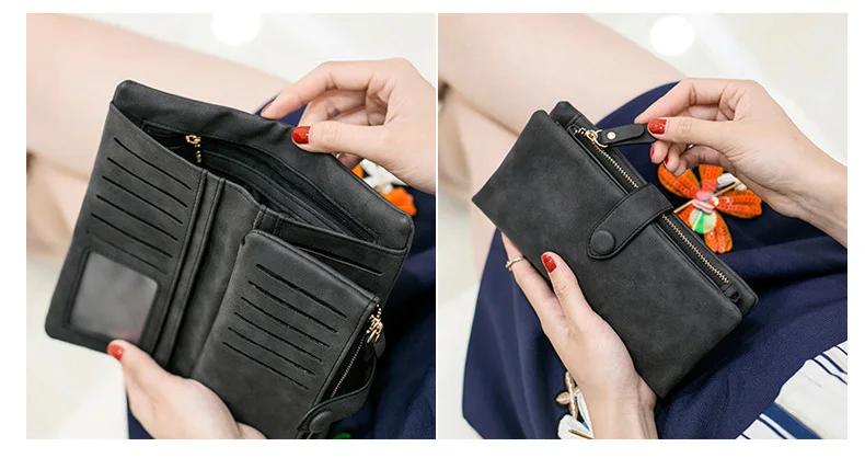MJ Women Leather Wallets Matte PU Leather Long Wallet Lady's Brand Design Bi-Fold Clutch Purse Coin Pocket Multiple Card Holder (21)