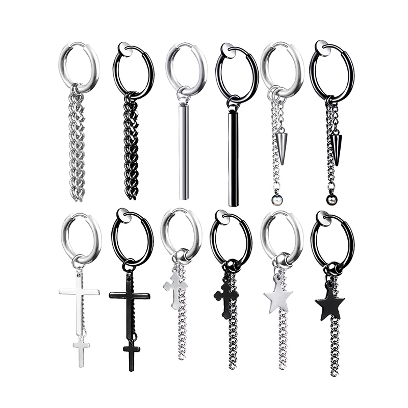 Hip-Hop-Silver-Color-Cool-Cross-Star-Bullet-Titanium-Drop-Earrings-Cool-Black-Tassel-Earrings-For