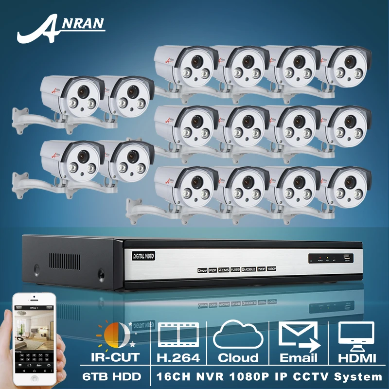 

6TB HDD 16CH H.264 NVR Security CCTV System Onvif 2.0 Megapixel 1080P HD 25fps Bullet Waterproof  Array IR IP Network Camera