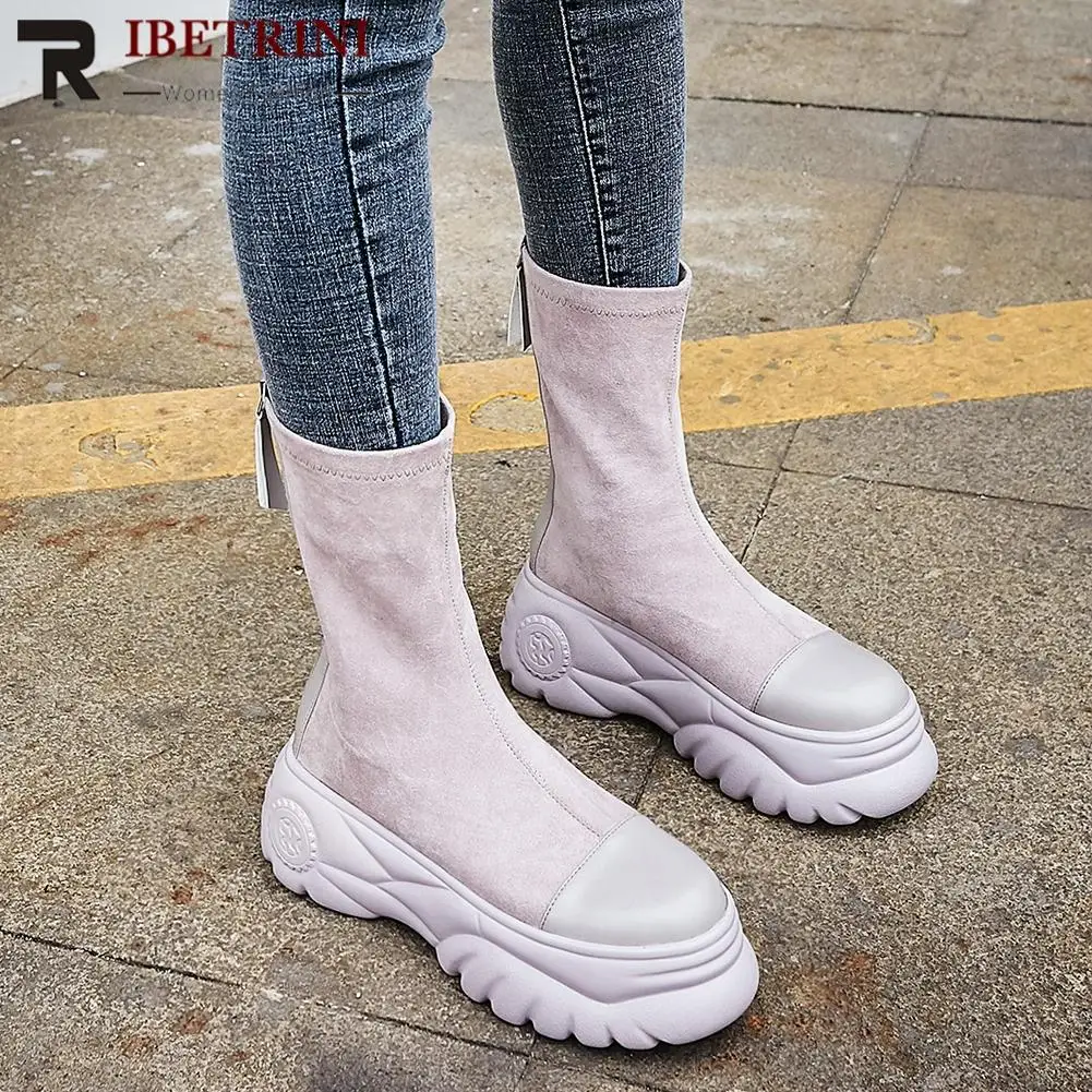 

RIBETRINI 2019 New Flock Genuine Cow Leather Ankle Booties Women 2019 Autumn Zipper Flat Platform Thick Heels Shoes Woman
