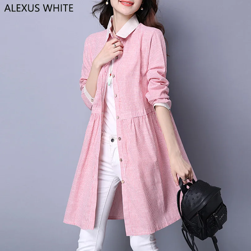Long Cotton Linen font b Blouses b font font b Women b font 2017 Autumn Striped