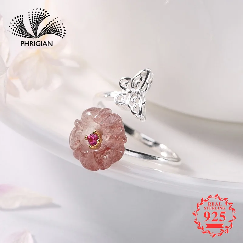 

NOT FAKE S925 Fine Antique shop Ring 925 Sterling Silver Women Handmade Vintage Natural Retro strawberry quartz