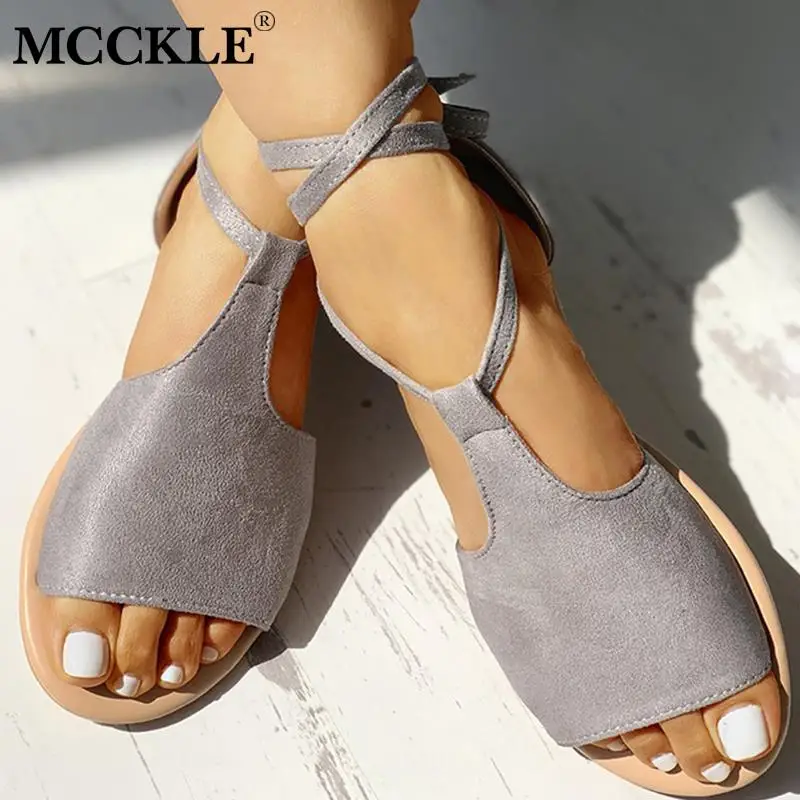 

MCCKLE Women Suede Peep Toe Sandals Ankle Cross Tied Female Gladiator Comfort Flat Shoes Fashion Ladies Casual Beach Footwear