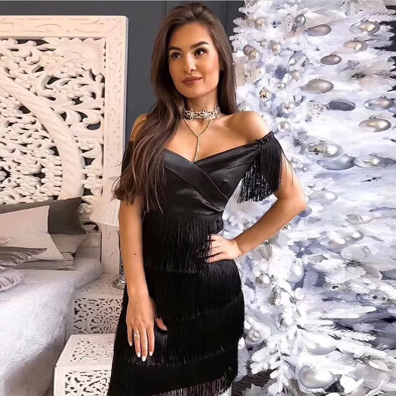 

2019 Mini Dress Sexy Celebrity Backless Elegant Tassel Women Slash Neck Night Club Sleeveless Body con Party Dresses Wholesale