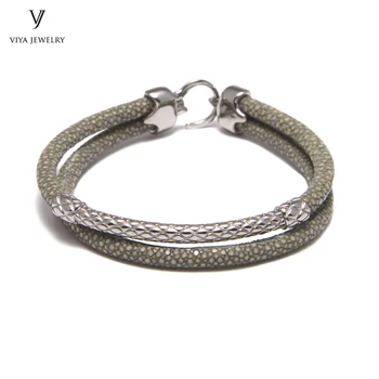

Genuine Smoky Grey Stingray Leather Bracelets With Sterling Silver Hardware Fashion Customize Luxury Leather Bracelet For Men