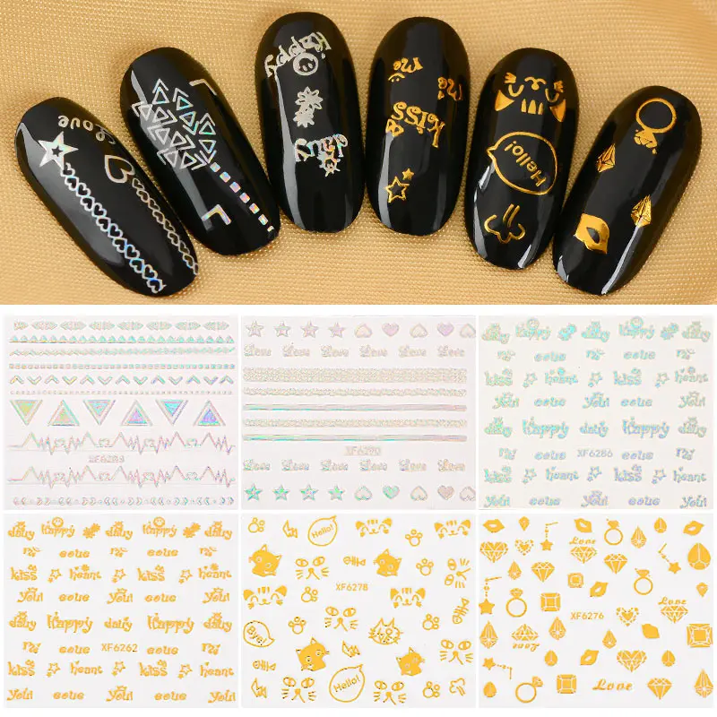 

1 Sheet Nails Art Manicure Decal Gold Geometry Alphabet Decorations Design 3D Laser Color Nail Sticker For Nails Tips Beauty