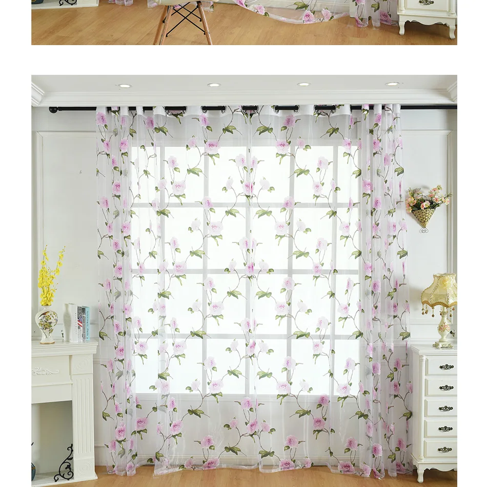 Розовые цветочные узоры, декоративные прозрачные тюлевые шторы из вуали для гостиной, для двери в спальню, на кухню, окно в стиле кантри, 1 шт