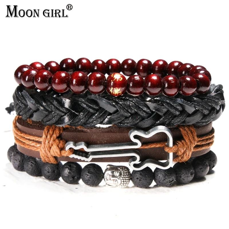 

MOON GIRL 8MM Lava Stone Buddhist Unisex Bracelets for Women Set Weave Leather Guitar Boho Punk Men Bracelet Fashion Jewelry