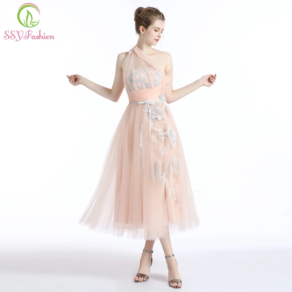 

SSYFashion New Sweet Pink Short Evening Dress One Shoulder Lace Appliques Feathers Tea-length Prom Gown Formal Dresses Vestidos