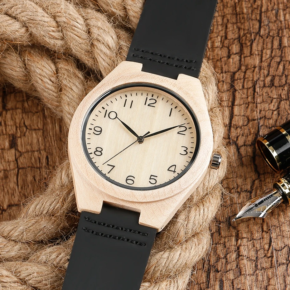 Wooden Watch Modern Trendy Mens Women Sport Watch Natural Bamboo Simple Analog Wood Quartz Hour Clock Genuine Leather Band Strap 2017 (24)