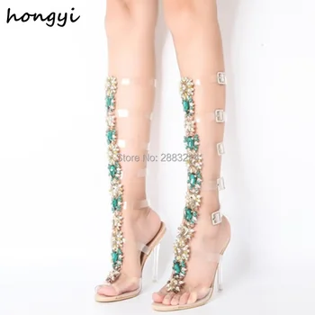 

Bling Rhinestone Lady Knee High Boots Thin Heels Stiletto Woman Summer Sandal Boots Crystal Dress Shoes Pumps Bohemia Style