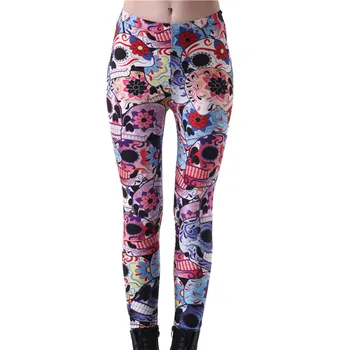 

DOUBCHOW Womens Colorful Skull 3D Printing Leggings Pants 2018 Maiden Teenagers Spandex Shiny Leggings Skinny Footless Plus Size