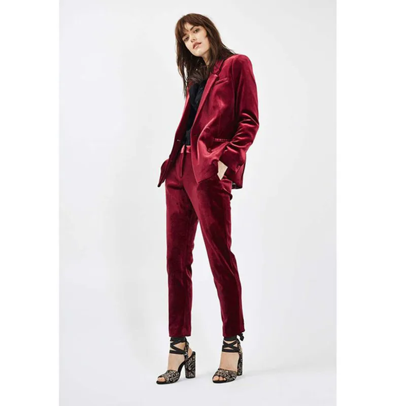fashion Velvet Wine Color Ladies Office Evening Suits Pant for Women